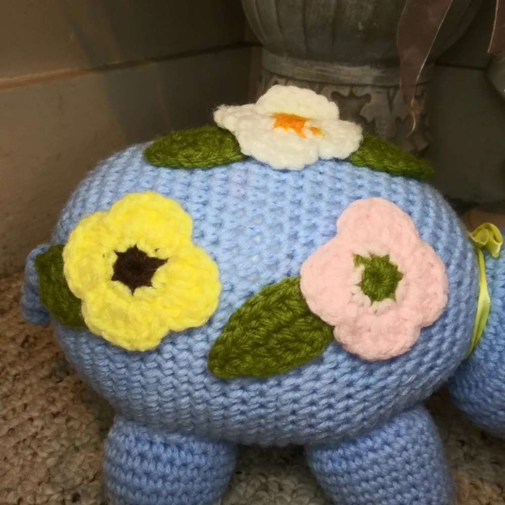 3/$18 Vtge. Blue/White Hand Crocheted Cottagecore Style Pig With Pastel Flowers